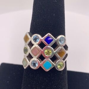 Vintage Sterling Silver Multi-Gemstone Inlaid Checkerboard Ring